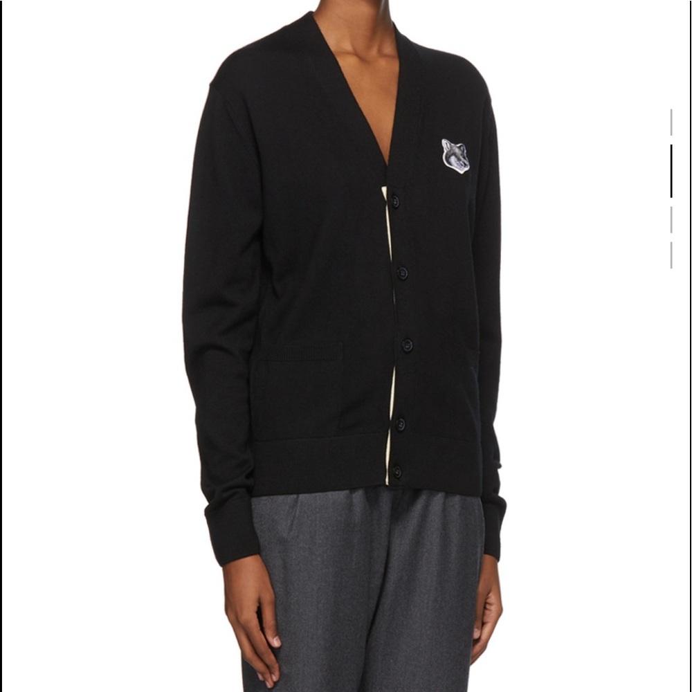 Maison Kitsune Black and Grey Wool Fox Head Cardigan | Size S